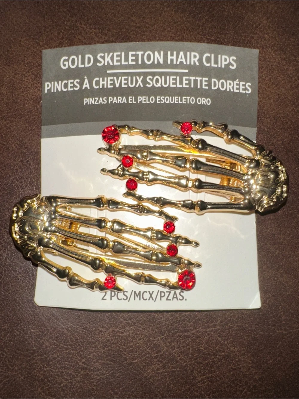 Gold-toned Skeleton Hair Clips with Red Gemstone Accents - Halloween Accessory